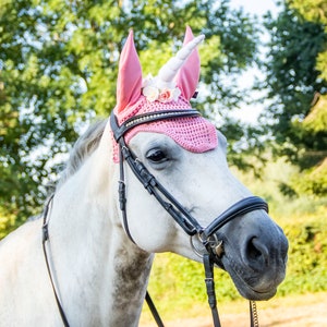 pink unicorn fly bonnet with flowers, unicorn fly veil, birthday gift for her, horse costume unicorn, white unicorn pony