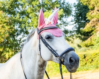 pink unicorn fly bonnet with flowers, unicorn fly veil, birthday gift for her, horse costume unicorn, white unicorn pony