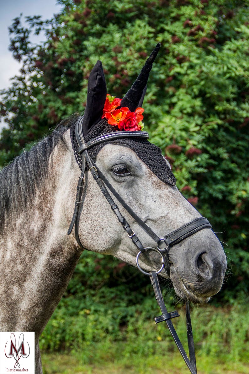 unicorn horn red fly bonnet horse black unicorn fly bonnet velvet pony costume flybonnet gothic halloween fly veil unicorn horn