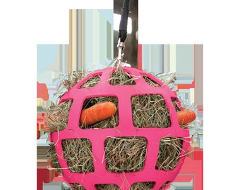 Horse toy and slow feeder for hay and herbs. On a rope for stable or paddock.