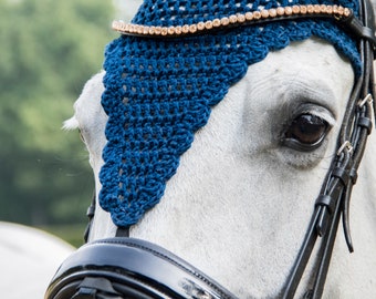 long blue fly bonnet, navy fly bonnet, long model fly veil, horse veil blue, pony fly veil, dark blue long bonnet, soundless fly bonnet blue