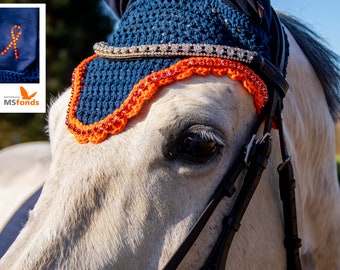 navy blue and orange fly bonnet, horse fly bonnet with strass in orange, Support MS Foundation, charity donation MS