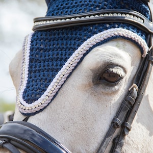 long blue fly bonnet, navy and strass fly bonnet, long model fly veil, horse veil blue, pony fly veil, dark blue long bonnet, strass chain
