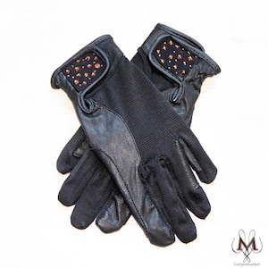 Guantes de montar negros con oro rosa, guantes de doma, piedras del rin oro rosa, guantes de cuero, guante negro, guantes negros