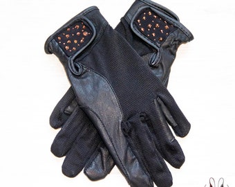 Riding gloves black with rose gold, dressage gloves, rhine stones rose gold, leather gloves, black gloves, gloves black, horse riding tack