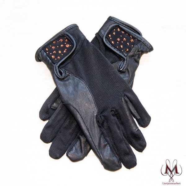 Riding gloves black with rose gold, dressage gloves, rhine stones rose gold, leather gloves, black gloves, gloves black, horse riding tack