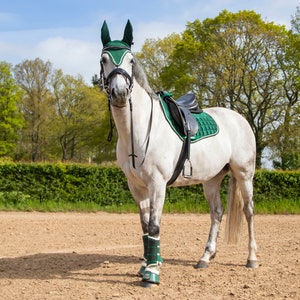 forest green jumping saddle pad set,  saddle pad green, velvet hunter green jumping pad optional fly bonnet en tendonboot set bellboots