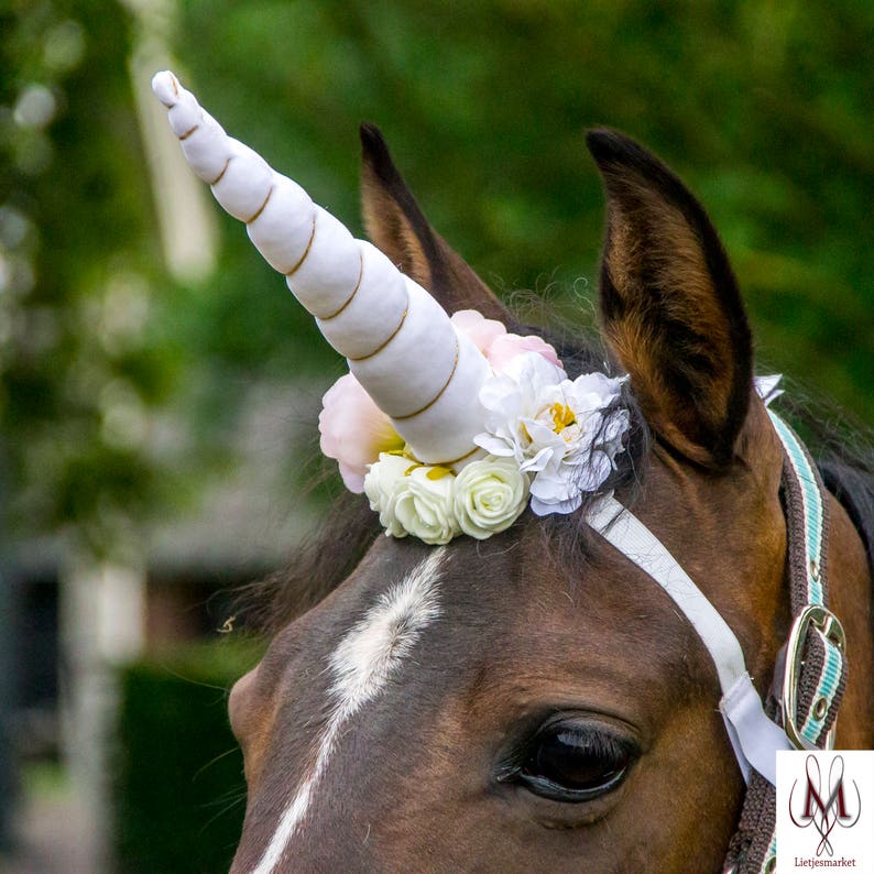 White unicorn horn for horse and pony with flowers. Free shipping. image 1