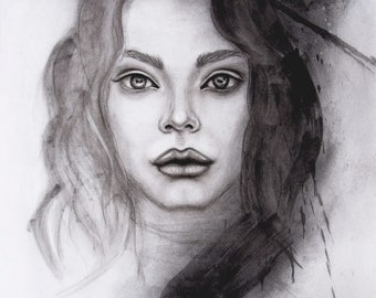 ORIGINAL Charcoal Drawing on paper Woman portrait Fashion  Wall art painting  Female face Home Decor, One of a kind Handmade, not a print