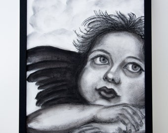 Framed Raphael's Angel Charcoal Painting: Renaissance Wall Art (19x15 in)