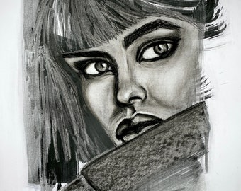 ORIGINAL Charcoal Drawing on paper Woman portrait Fashion  Wall art painting  Female face Home Decor, One of a kind Handmade, NOT a Print