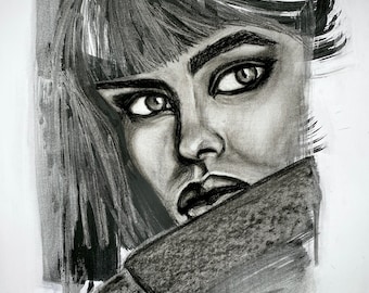Retrato de mujer original al carbón: arte mural de moda hecho a mano (61 x 43 cm)