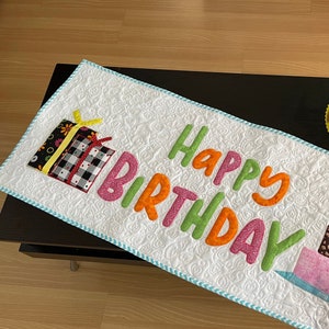 Quilted Table Runner, Happy Birthday, Family Heirloom, CUSTOMIZABLE! Handmade in USA, Festive, Colorful, appliques, Celebrations, Free USPS