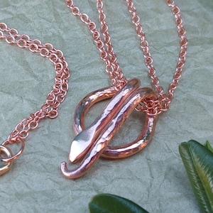 Copper Snake Pendant Necklace, Hammered, Lazy Snake, Serpent, Egyptian, Circle, Copper Jewelry