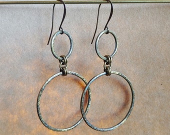 Brass Hoop Earrings, Hammered, Patina, Rustic, Open Circle, Minimalist, Brass Jewelry