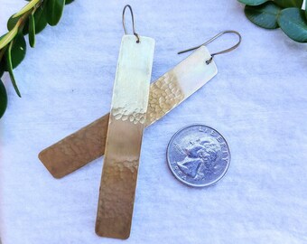 Long Brass Bar Earrings / Solid Brass / Patina / Hammered / Rustic / Minimalist / Brass Jewelry