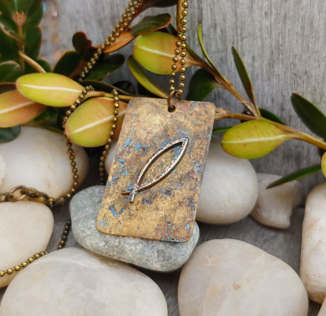 Christian Fish Pendant / Solid Brass / Ichthus / Rustic / Etsy