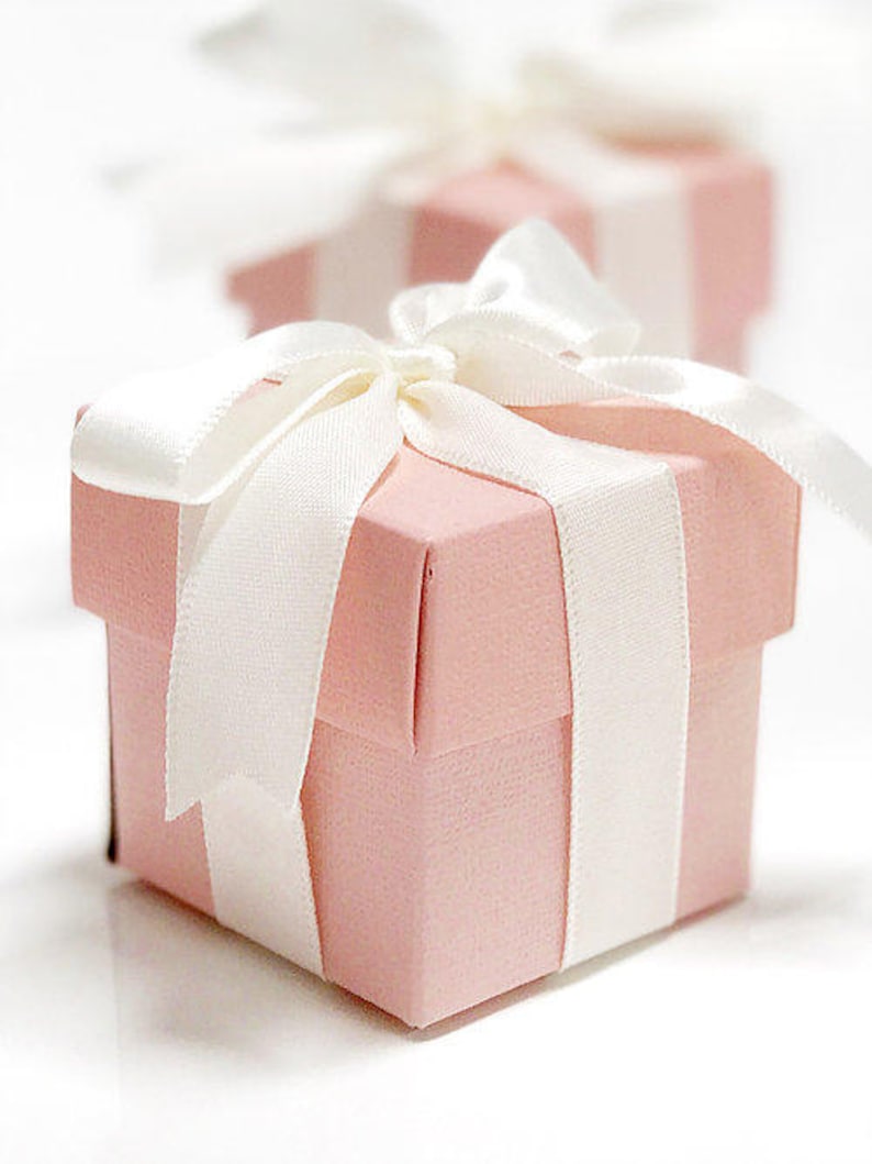 25x Blush Pink Square Favor Box With Ribbon 2x2 inches