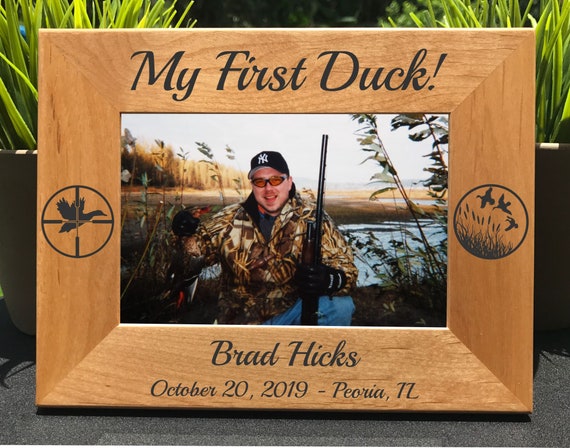 Duck Hunting Photo Frame, Engraved Alder Wood, First Duck Gift
