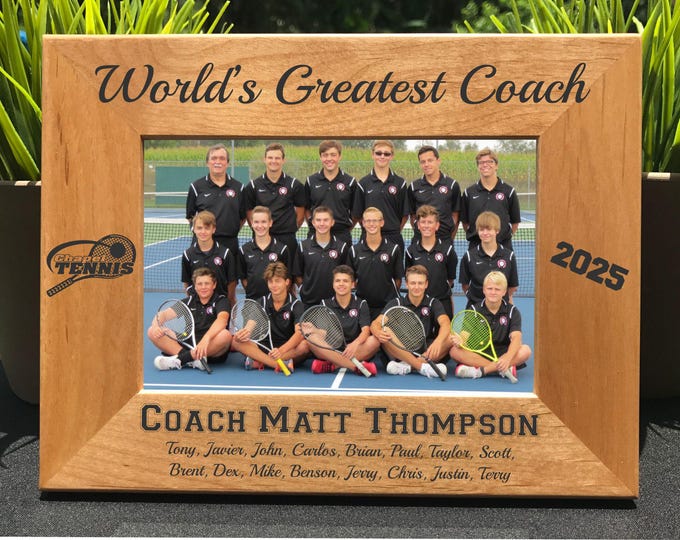 World's Greatest Tennis Coach // Personalized Engraved Photo Frame // Picture Frame // Gift // High School // Team // College // Youth