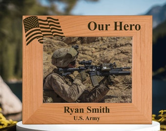 Custom Engraved Military Photo Frame | Red Alder Wood, Veteran Gift
