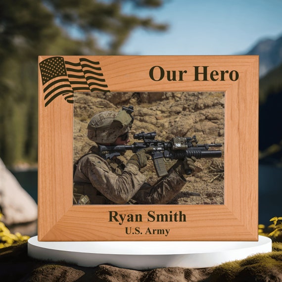 Custom Engraved Military Photo Frame | Red Alder Wood, Veteran Gift