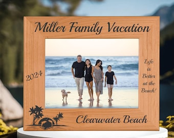 Personalized Beach Vacation Photo Frame | Engraved Red Alder Wood