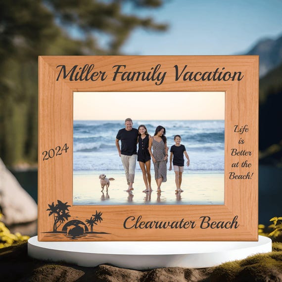 Personalized Beach Vacation Photo Frame | Engraved Red Alder Wood
