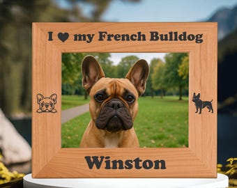 Personalized French Bulldog Picture Frame | Engraved Alder Wood
