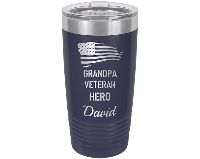 Grandpa Veteran American Flag Travel Tumbler // Personalized Engraved // Custom // Mug