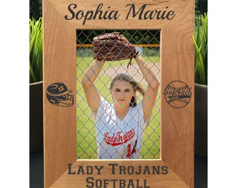Personalized Softball Photo Frame, Engraved Alder Wood Gift