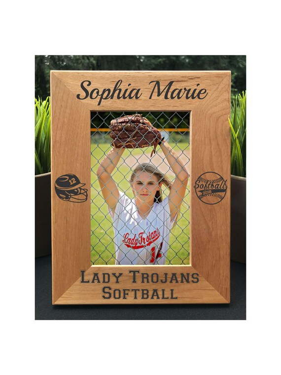 Personalized Softball Photo Frame, Engraved Alder Wood Gift