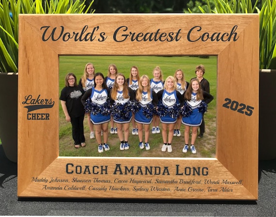Personalized Cheer Coach Photo Frame, Engraved Alder Wood Gift
