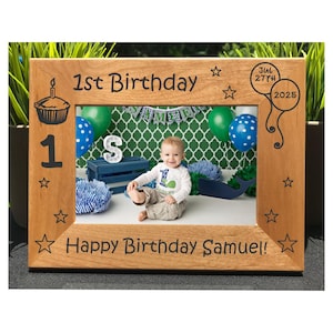 Engraved Alder Wood First Birthday Photo Frame: Personalized Gift
