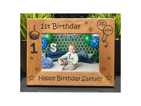 Engraved Alder Wood First Birthday Photo Frame: Personalized Gift