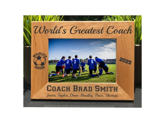 Personalized Soccer Coach Photo Frame, Engraved Wood Gift