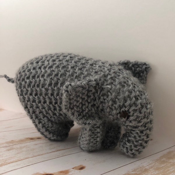 Hand-knit small gray elephant, stuffed