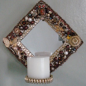 Jeweled Mirror Gold Tone Diamond Shape Wall Hanging Mirror Candle Holder OOAK - Owl - Butterfly Rust Color & Gold Color