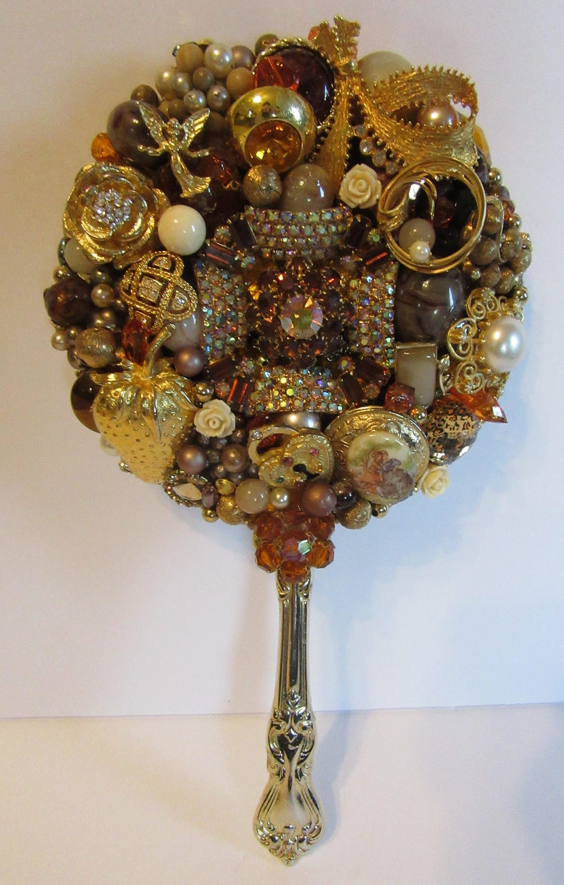 Jeweled Mirror Hand Held Vanity Mirror OOAK Faux Amber Color & Gold