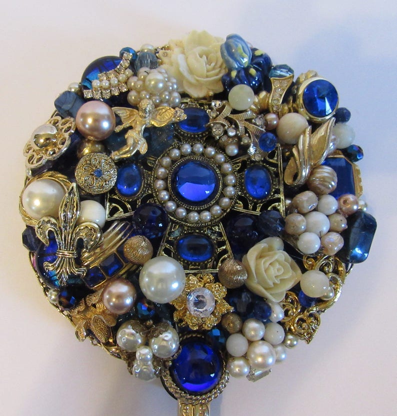 Jeweled Mirror Hand Held Vanity Mirror OOAK Blue Color Etsy