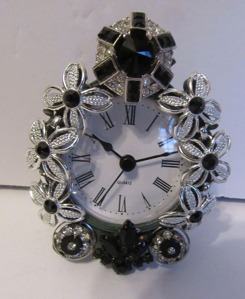 OOAK Jeweled Clock Hand Decorated Bejeweled Battery Powered Black