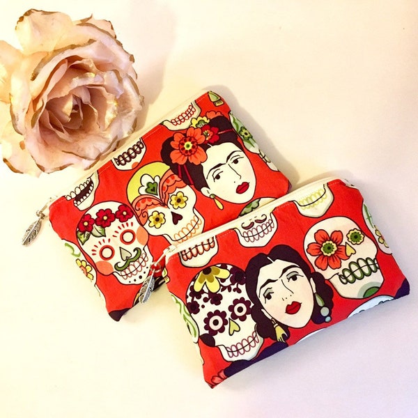 Coin purse. Small pouch. Small make-up bag. Sunglasses case. Boho bag. Frida Kahlo bag. Day of the dead bag. Dia de los muertos.