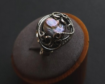 Peacock Pearl wire wrap ring, Sterling silver wire wrap jewelry, Size 9 ring, bohemian gemstone jewelry, freshwater pearl jewelry