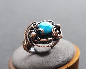 Turquoise wire wrap ring, Handmade wire wrap rings, Blue Turquoise gemstone ring, Copper wire ring, Size 7 1/2 ring, Wire wrap jewelry