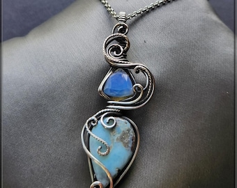 Caribbean Larimar gemstone necklace, sterling silver wire wrapped jewelry