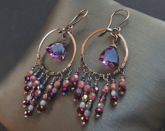 Amethyst dangle earrings, Beaded chandelier earrings, Copper wire wrap earrings, Wire wrap gemstone jewelry, Crystal birthstone jewelry