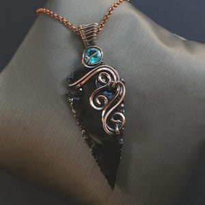 Black Obsidian Arrowhead Necklace, Copper wire wrapped jewelry, Paraiba blue quartz accent, Crystal statement jewelry, wire wrap gemstones