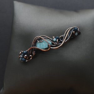 Caribbean Larimar hair barrette, Copper wire wrap hair clip, Crystal gemstone hair accessories, Wedding hair jewelry, Larimar jewelry