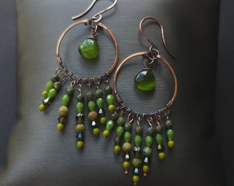 Copper chandelier earrings, Beaded dangle earrings, Copper wire wrap earrings, wire wrapped crystal jewelry, Green cat's eye quartz earrings