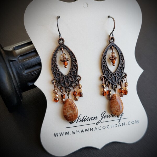 Indonesian fossil coral earrings, wire wrap jewelry, Bronze & copper tones, Glass accent beads, Handmade jewelry